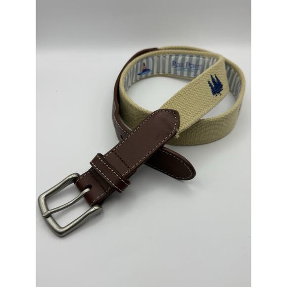 Reel Point Shelter Island Men’s Leather Embroidered Cream Canvas Belt 34, EUC - Picture 1 of 6
